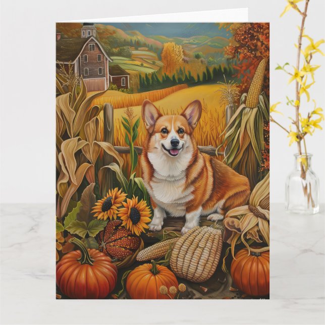 Corgi Hund Höstskörd Tacksägelse Kort (Gul blomma)