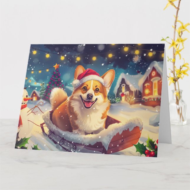 Corgi Hund i julen i Sleigh Snö Kort (Gul blomma)