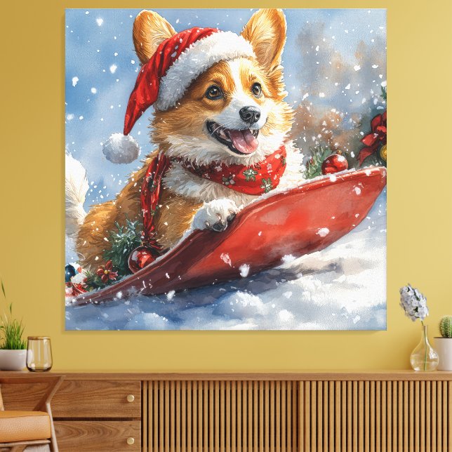 Corgi Hund i Släde Låt det Snöa Jul Canvastryck (Insitu (Vardagsrum))