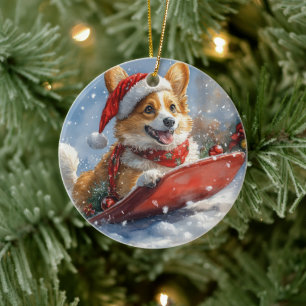 Corgi Hund i Släde Låt det Snöa Jul Julgransprydnad Keramik