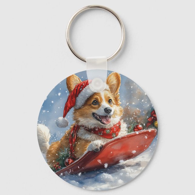 Corgi Hund i Släde Låt det Snöa Jul Nyckelring (Framsida)
