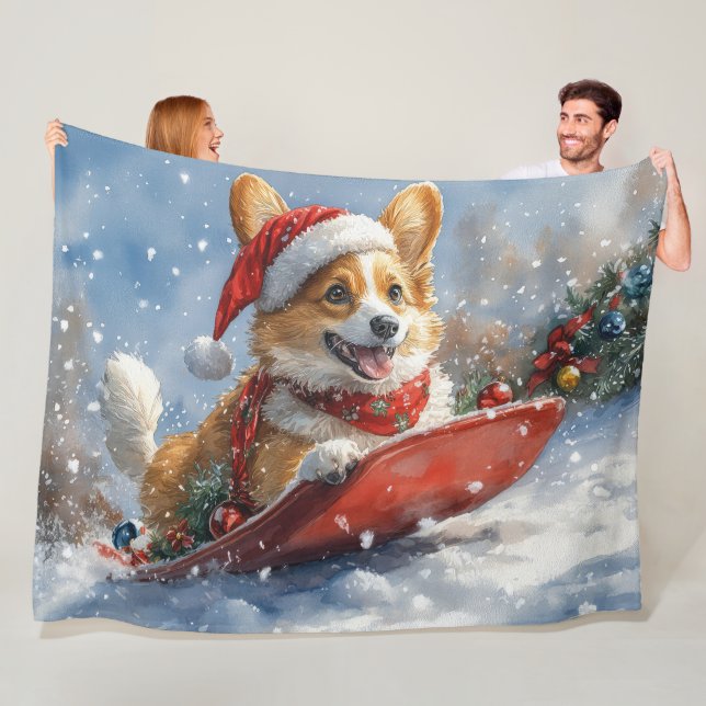 Corgi Hund i Sledge Låt det snöa jul Fleecefilt (På plats)
