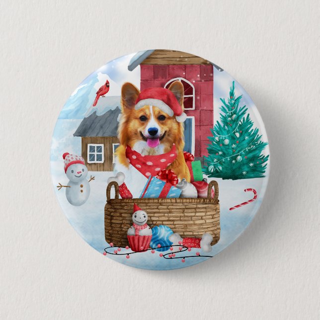 Corgi Hund i snö julhuset Hund Knapp (Framsida)