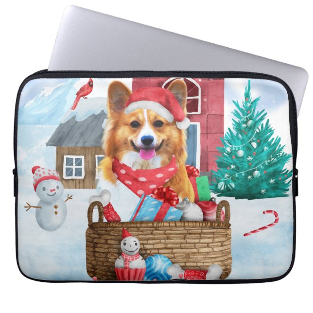 Corgi Hund i snö julhuset Hund Laptop Fodral (Framsidan)