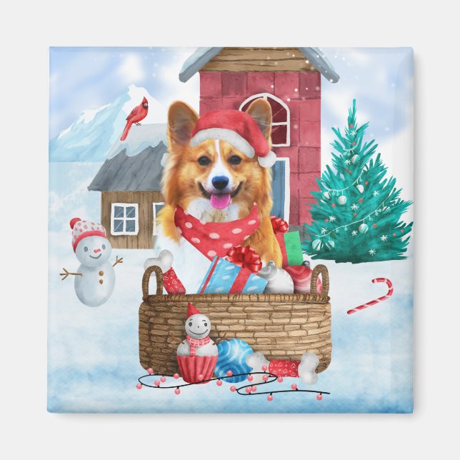 Corgi Hund i snö julhuset Hund Magnet (Framsidan)