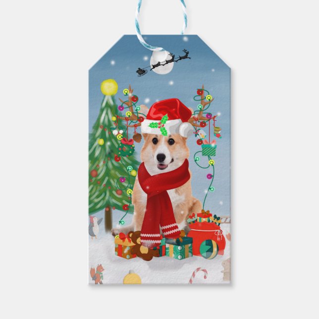 Corgi Hund i Snö med julklappar Presentetikett (Framsidan)