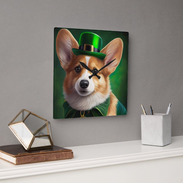 Corgi Hund i St. Patrick Dress Fyrkantig Klocka (Kontor)