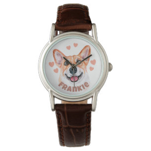 Corgi Hund Illustration med örter och Namn Armbandsur