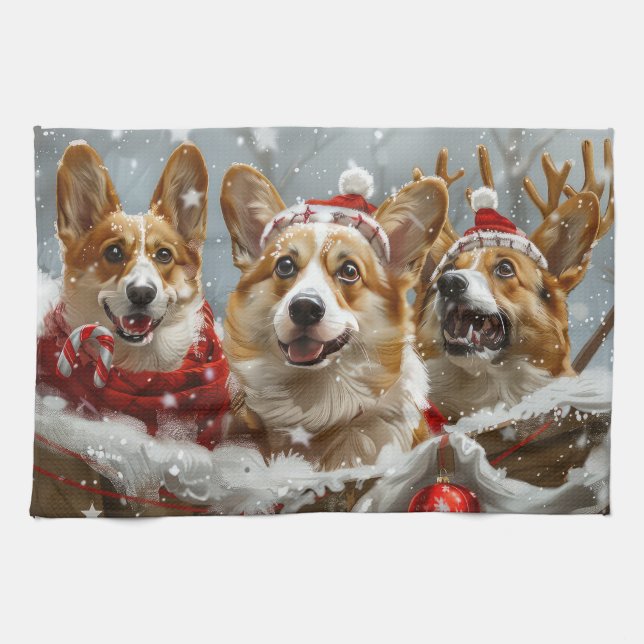 Corgi Hund Jul Festlig Kökshandduk (Horisontell)
