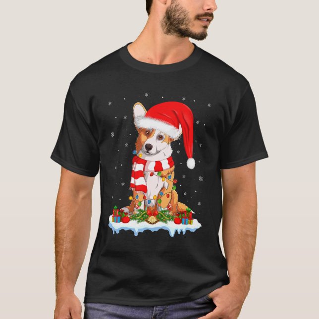 Corgi Hund Julafton Lighting Santa Hat Corgi jul T Shirt (Framsida)