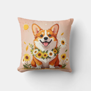 Corgi hund krona av solrosor väggkonst dekoration kudde