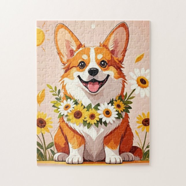 Corgi hund krona av solrosor väggkonst dekoration pussel (Vertikal)