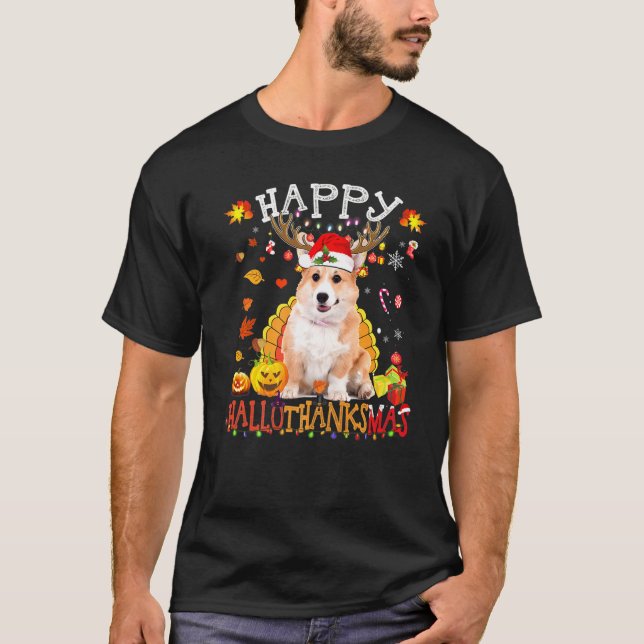 Corgi Hund Lycklig Hallothanksmas Halloween Thanks T Shirt (Framsida)