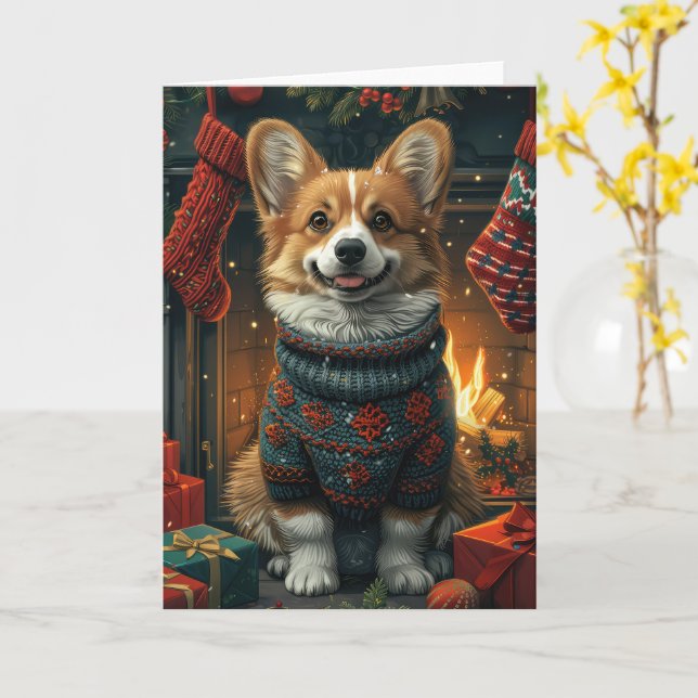 Corgi Hund Med Julpresenter Öppen Spis Kort (Gul blomma)