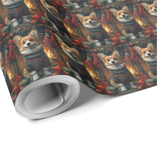 Corgi Hund Med Julpresenter Öppen Spis Presentpapper (Rulle Hörn)