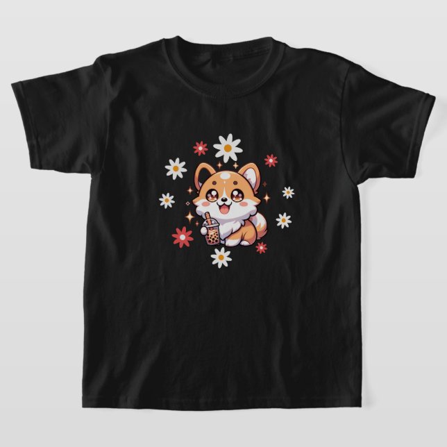 Corgi Hund och Boba Tea Älskare Blommigt T Shirt (Laydown)