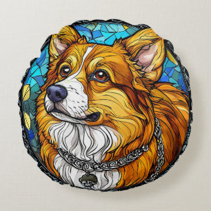 Corgi Hund Porträtt Rund Kudde