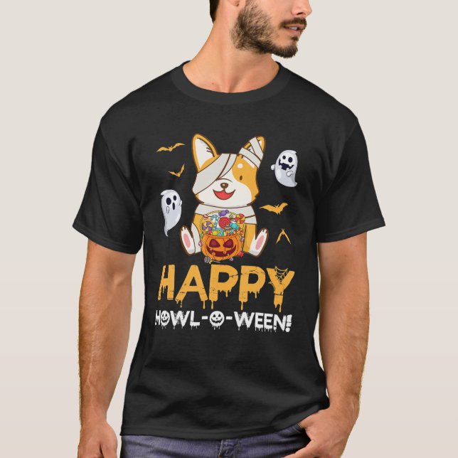 Corgi Hund Pumpkin Fladdermöss Spöken Lycklig Hal T Shirt (Framsida)
