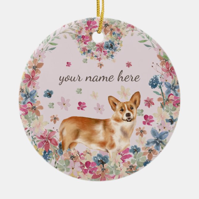 Corgi Hund Puppy-blomma Julgransprydnad Keramik (Framsidan)