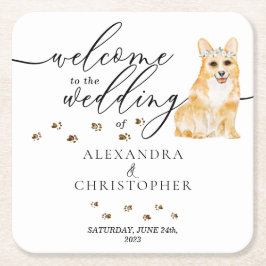 Corgi Hund Puppy Välkommen till bröllop Underlägg Papper Kvadrat