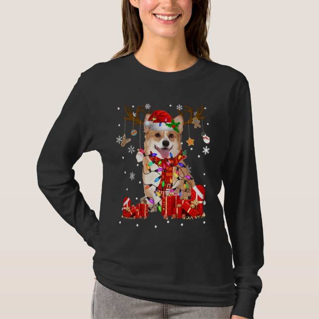 Corgi Hund Reindeer Julljus Hund T Shirt (Framsida)