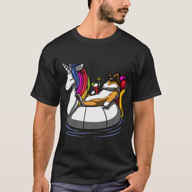 Corgi Hund Ridande Enhörning Flotte T Shirt (Framsida)
