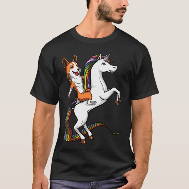 Corgi Hund Ridande Enhörning T Shirt (Framsida)