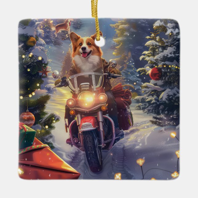 Corgi Hund Ridande Motorcykel Jul Julgransprydnad Keramik (Framsida)