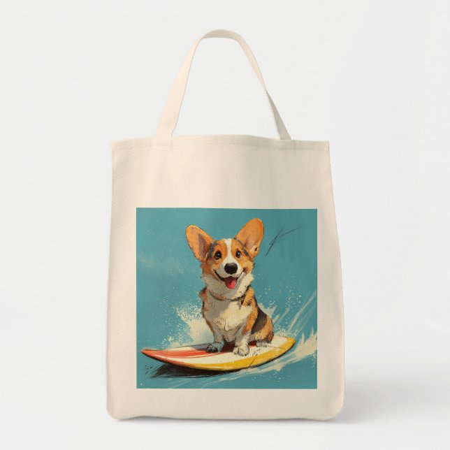 Corgi hund rider på surfbräda tygkasse (Framsidan)