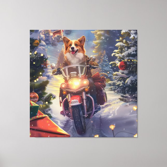 Corgi Hund Riding Motorcykel jul Canvastryck (Framsida)