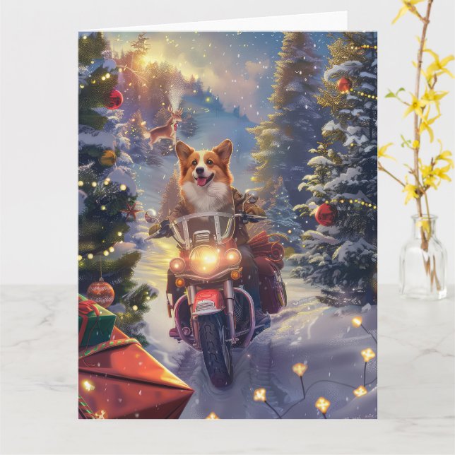 Corgi Hund Riding Motorcykel jul Kort (Gul blomma)