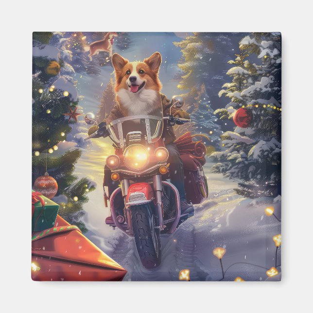 Corgi Hund Riding Motorcykel jul Magnet (Framsidan)