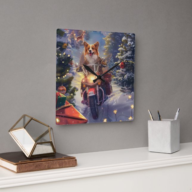 Corgi Hund Ridning Motorcykel Jul Fyrkantig Klocka (Kontor)