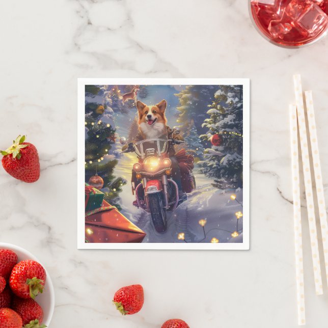 Corgi Hund Ridning Motorcykel Jul Pappersservett (Insitu)