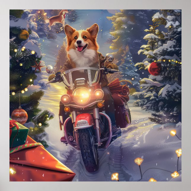 Corgi Hund Ridning Motorcykel Jul Poster (Framsidan)