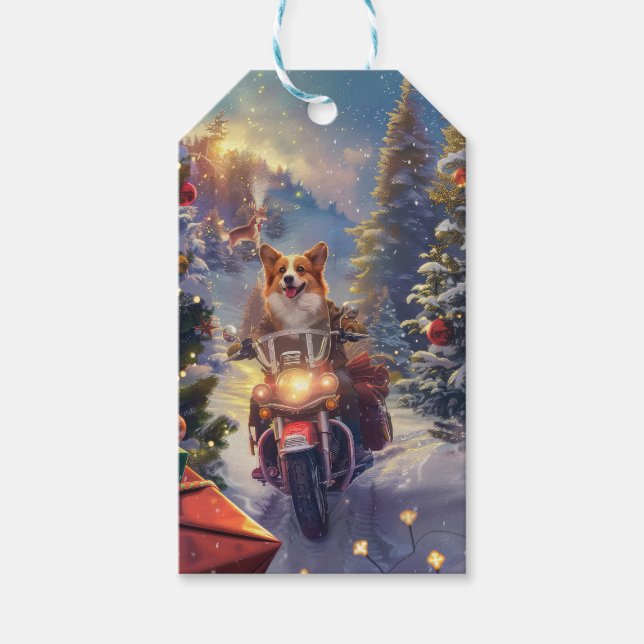 Corgi Hund Ridning Motorcykel Jul Presentetikett (Framsidan)