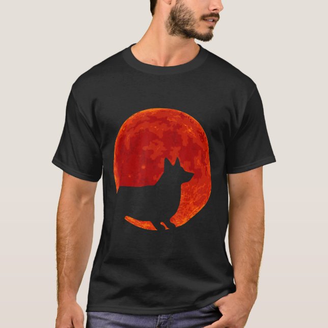 Corgi Hund Röd Måne Halloween T Shirt (Framsida)