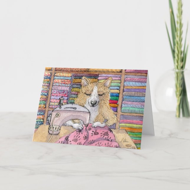 Corgi Hund, Sewing a Quilt, Blank Kort (Framsida)