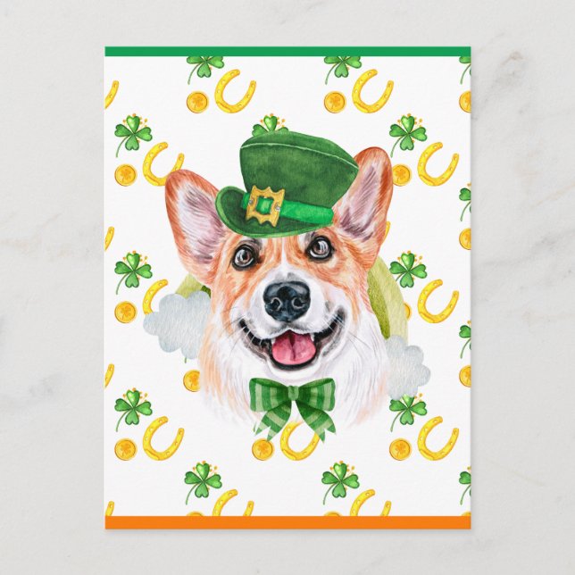 Corgi Hund Shamrock St. Patricks Day Helg Vykort (Framsida)
