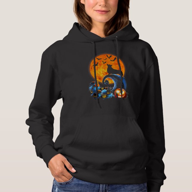 Corgi Hund Silhouette Måne Pumpkin Fladdermus Hall T Shirt (Framsida)