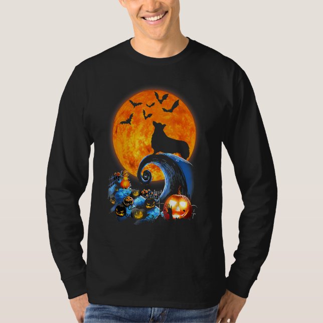 Corgi Hund Silhouette Måne Pumpkin Fladdermus Hall T Shirt (Framsida)