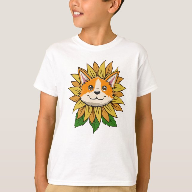 Corgi Hund Solros T Shirt (Framsida)