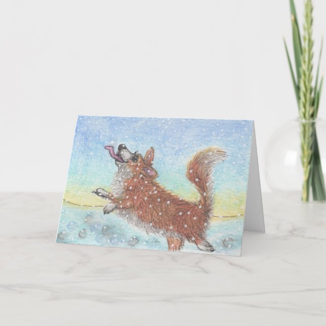 Corgi hund, som fångar snöflingor helgkort (Framsida)