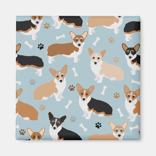 Corgi Hund Tass och Bones Magnet (Framsidan)