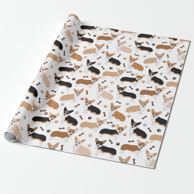 Corgi Hund Tass och Bones Wrapping Papper Presentpapper (Utrullad)
