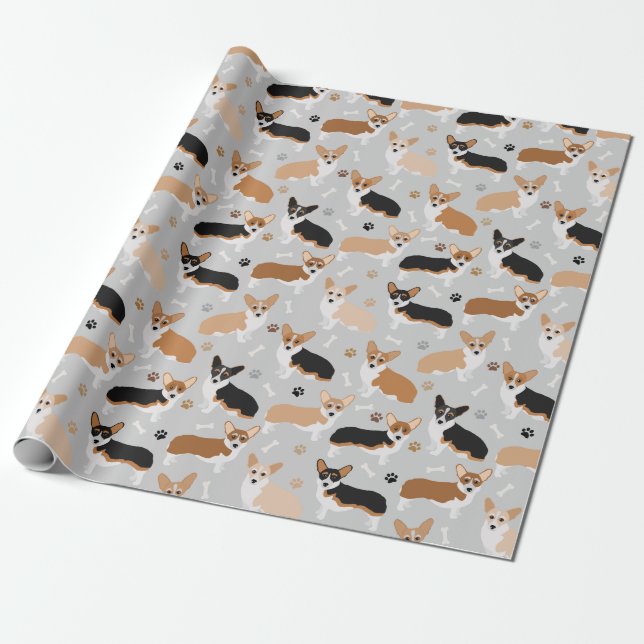 Corgi Hund Tass och Bones Wrapping Papper Presentpapper (Utrullad)