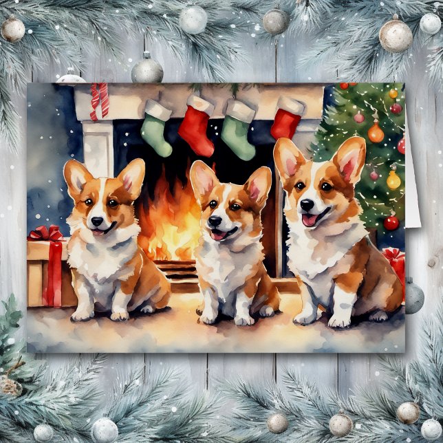 Corgi Hund Trio vid julmatchen Hälsningskort (Skapare uppladdad)