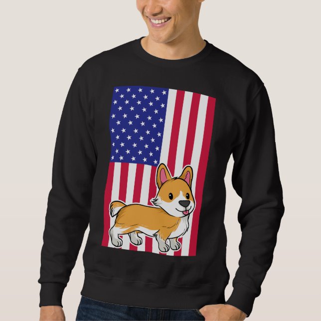 Corgi Hund USA flagga Lång Ärmad Tröja (Framsida)