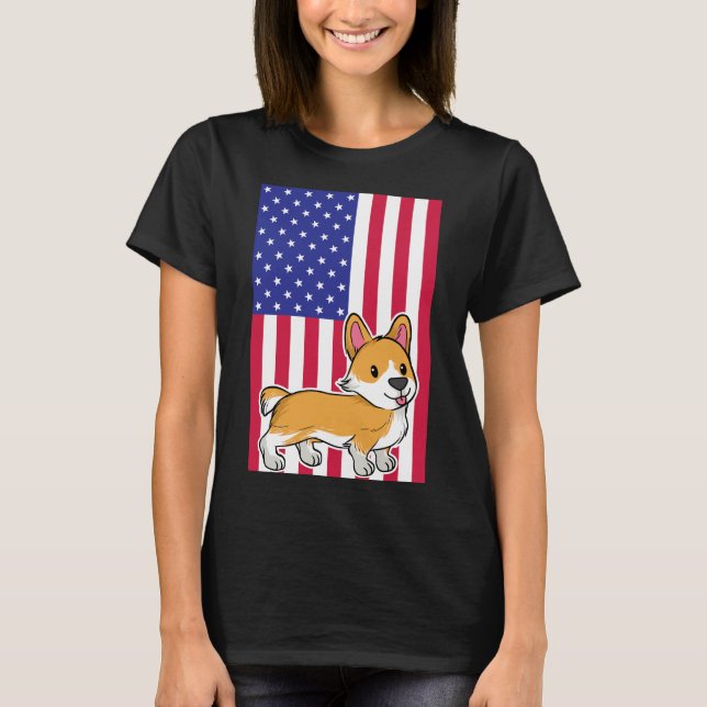 Corgi Hund USA flagga T Shirt (Framsida)
