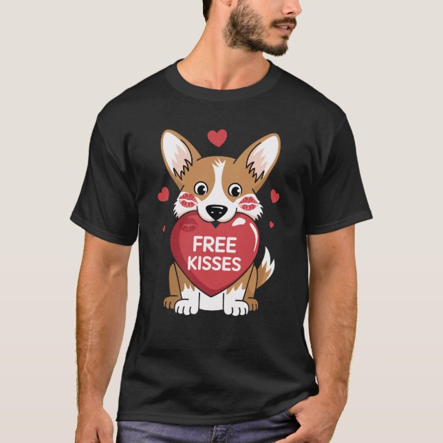 Corgi Hund Valentines day Free Kisses T Shirt (Framsida)